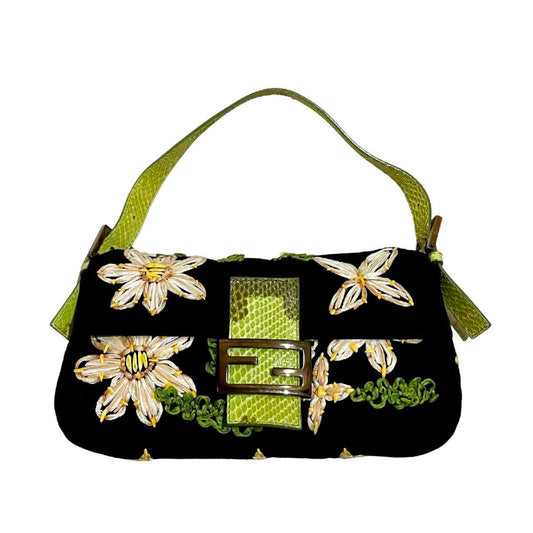 Black Daisy Fendi floral Baguette with python clutch